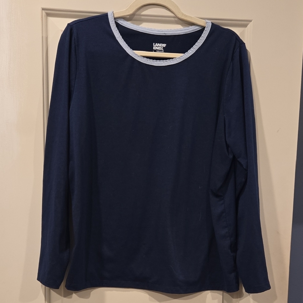 Lands' End Women's Navy Long Sleeve Shirt With Trim